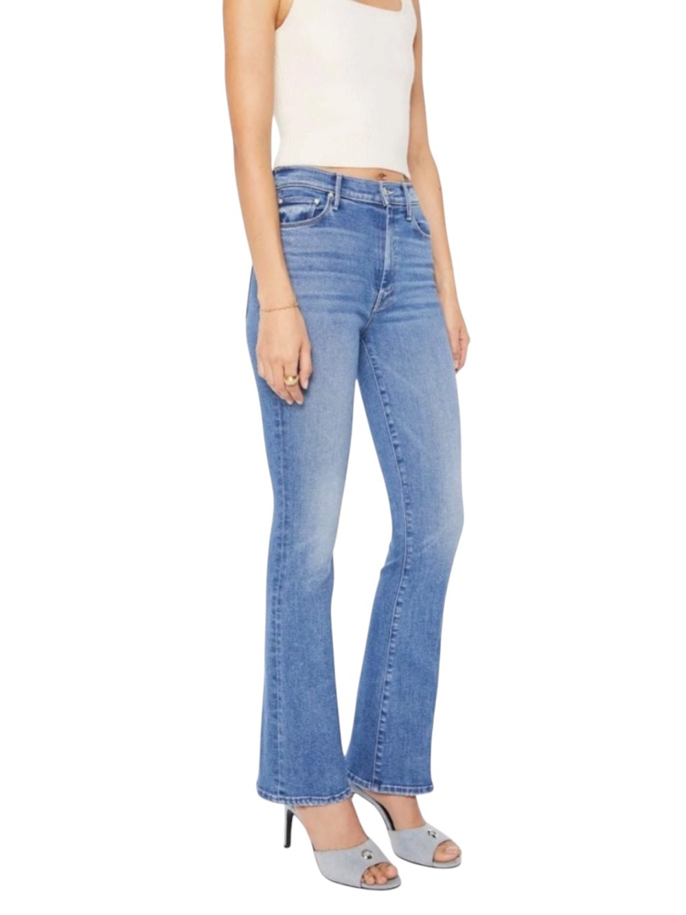 MOTHER the weekender skimp mid tone Blue High-Rise Flare Jeans USA made size 28